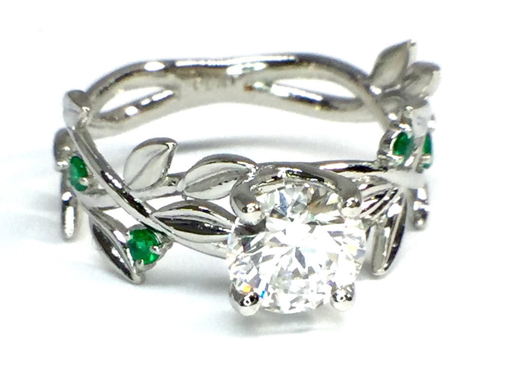 Diamond Leaf Ring with Emerald Accents - White Gold