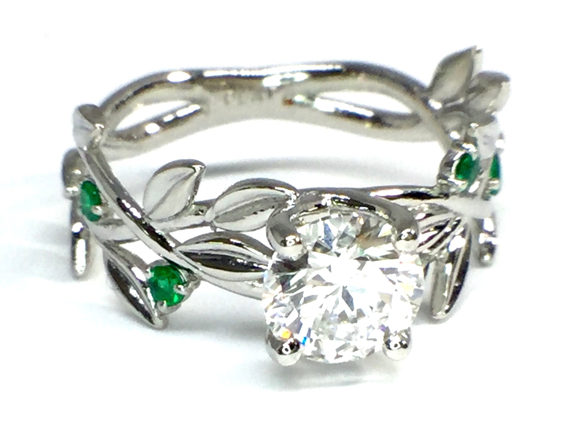 Diamond Leaf Ring with Emerald Accents - White Gold