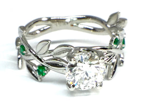 Diamond Leaf Ring w/ Emerald Accents - White Gold