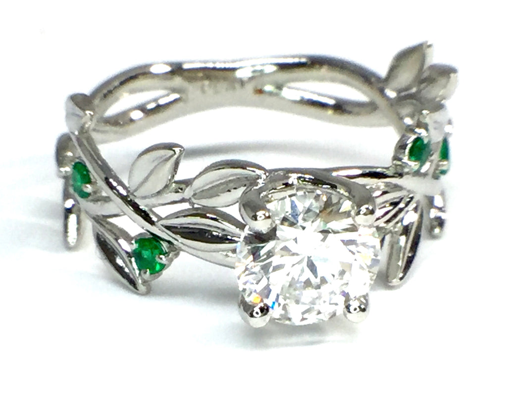 Diamond Leaf Ring w/ Emerald Accents - White Gold