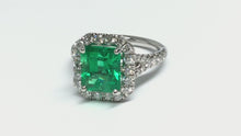 Load and play video in Gallery viewer, 2.82ct Emerald Ring w/ Diamond Halo, Split Shank &amp; Gallery - Platinum

