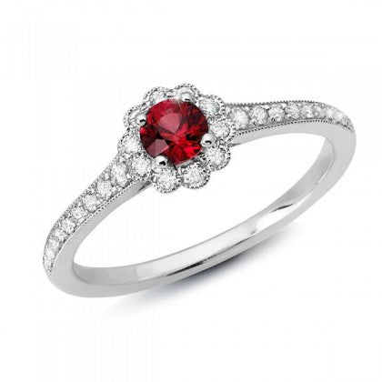 Ruby Ring with Scalloped Diamond Halo - White Gold