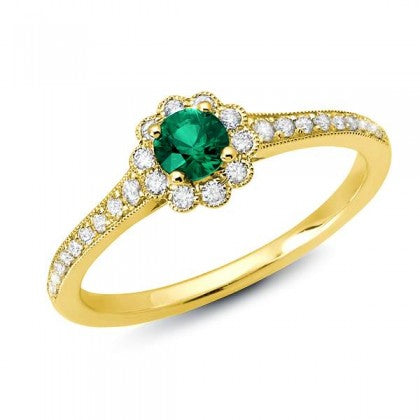 Emerald Ring with Scalloped Diamond Halo - Yellow Gold
