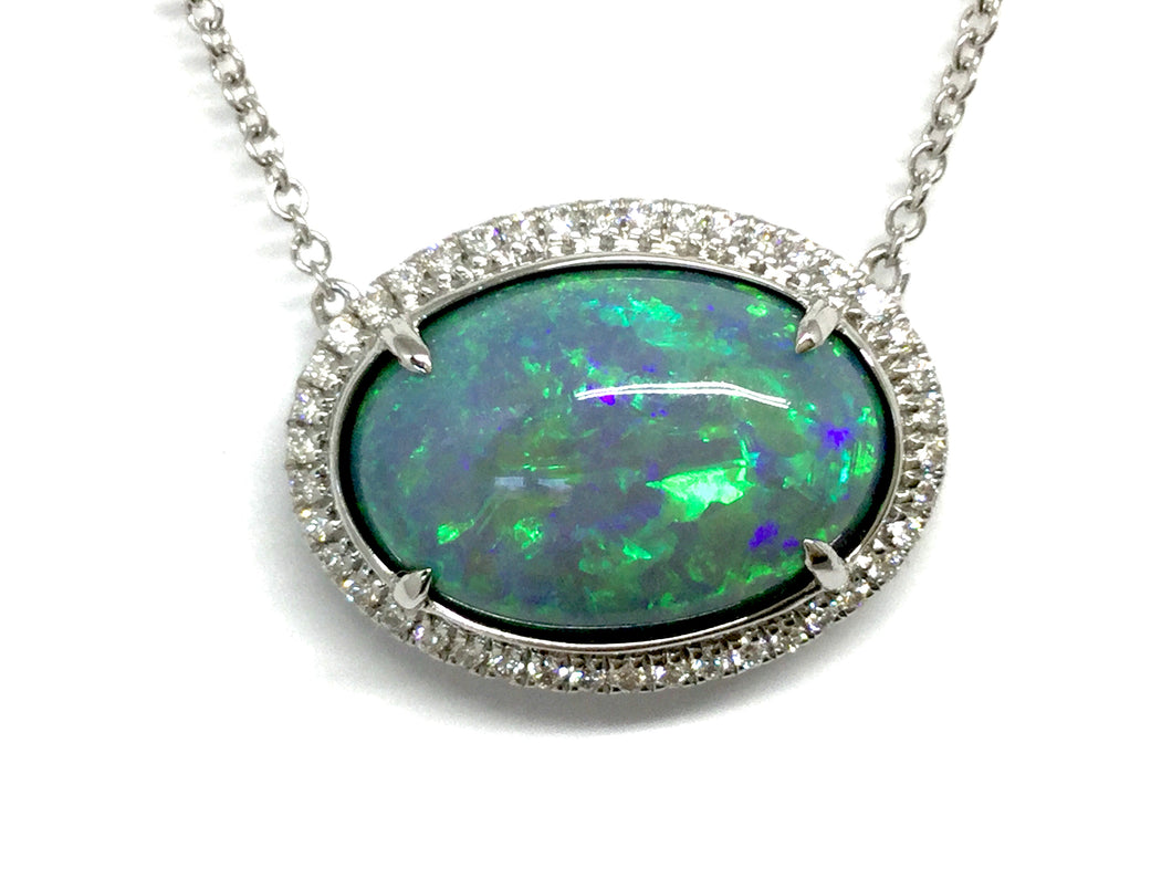 6.00ct Opal Necklace w/ Diamond Halo - White Gold
