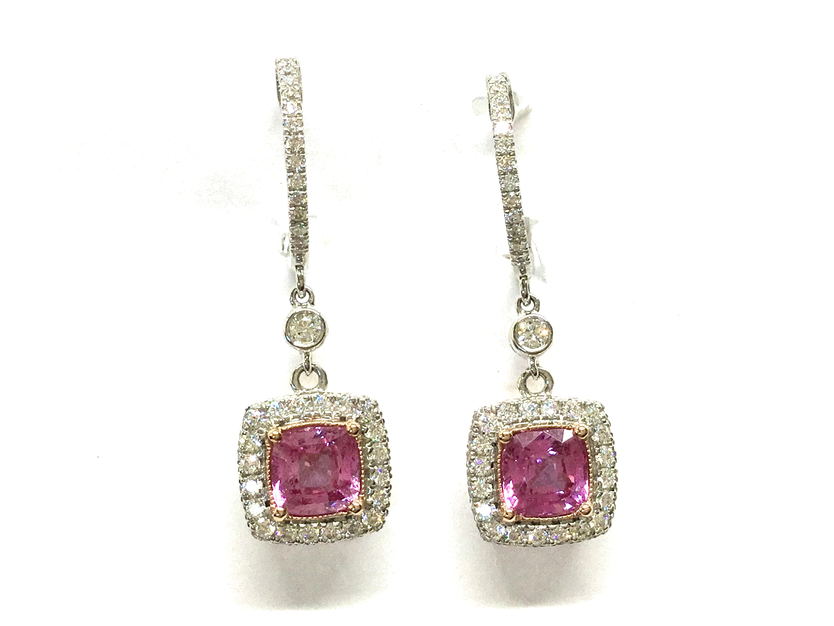 Pink Sapphire Dangle Earrings with Diamond Accents - Two Tone