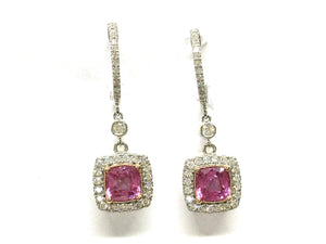 Pink Sapphire Dangle Earrings w/ Diamond Halo - Two Tone