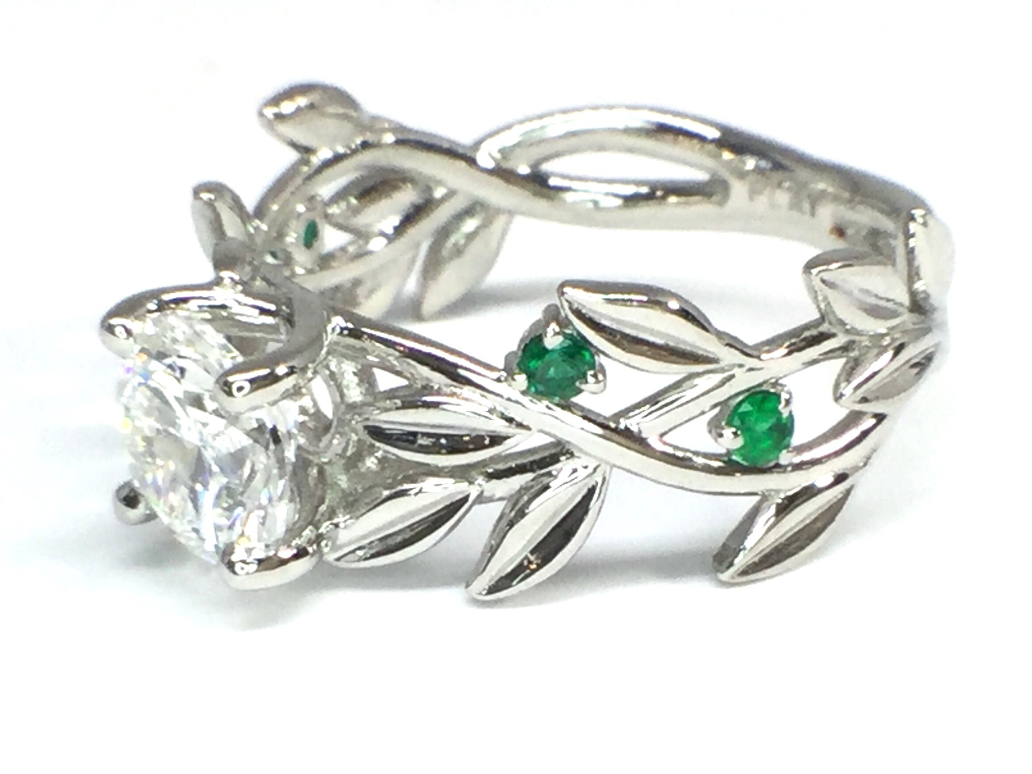 Diamond Leaf Ring with Emerald Accents - White Gold