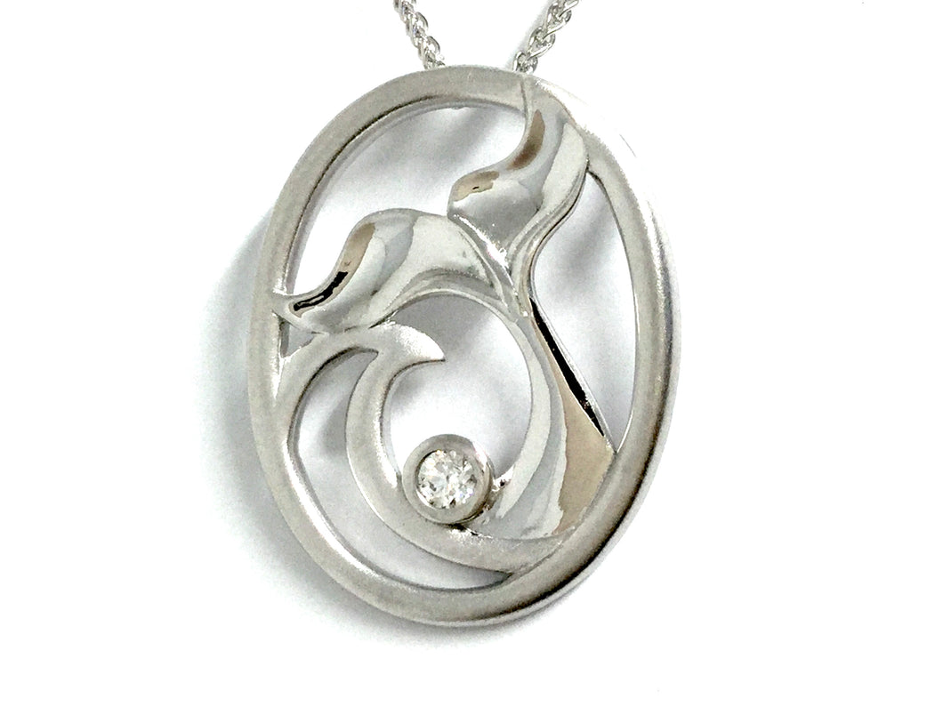 Whale Tail & Wave Pendant w/ Diamond - White Gold