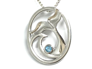 Whale Tail & Wave Pendant w/ Blue Topaz - Silver