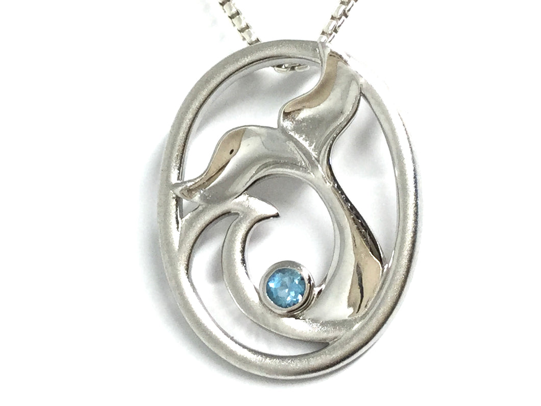 Whale Tail & Wave Pendant w/ Blue Topaz - Silver