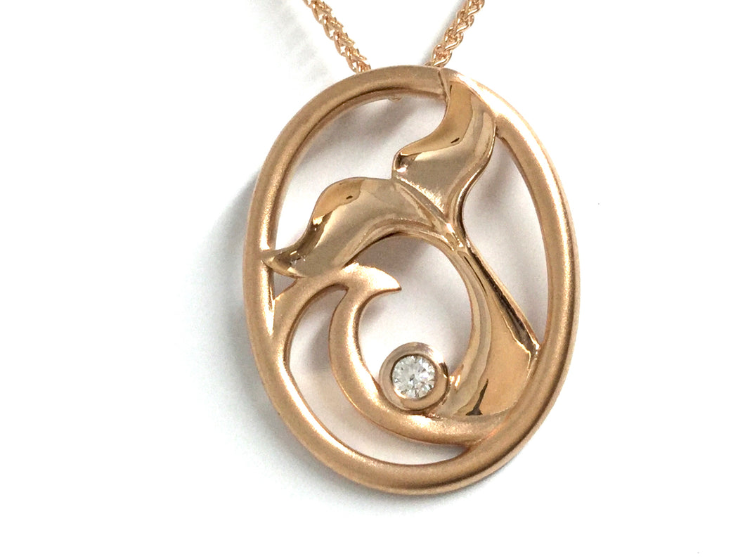 Whale Tail & Wave Pendant w/ Diamond - Rose Gold