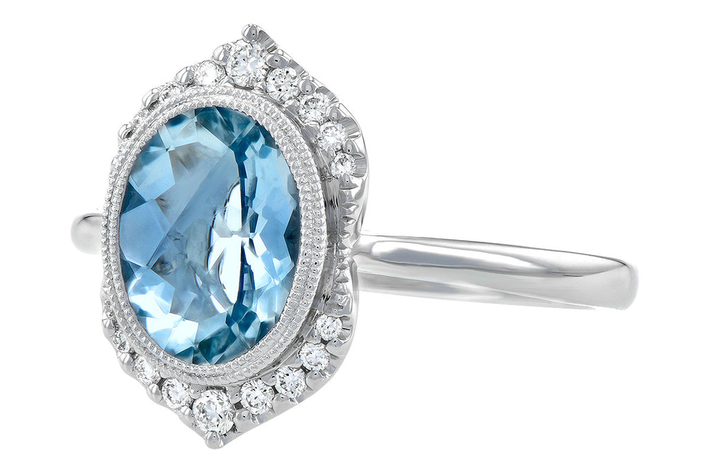 Aquamarine Bezel Ring with Diamond Halo - White Gold