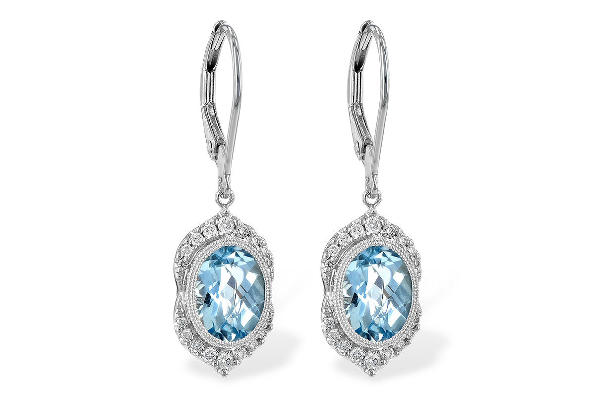 Aquamarine Bezel Earrings with Diamond Halo - White Gold