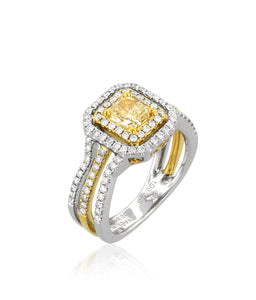 1.44ctw Yellow & White Diamond Double Halo Ring - Two Tone