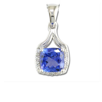 Tanzanite Pendant w/ Diamond Cushion Halo - White Gold