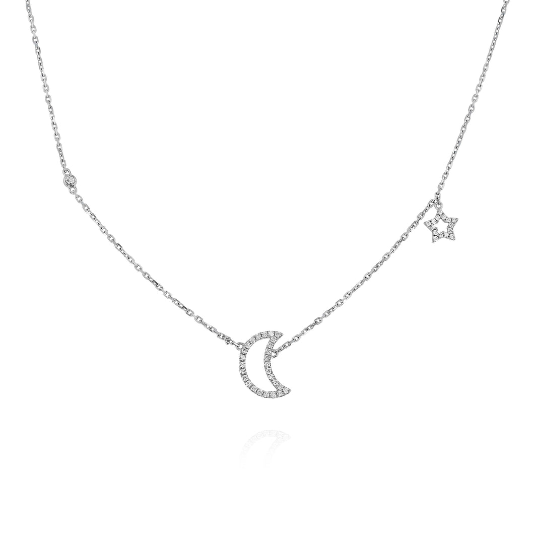 Moon & Stars Diamond Necklace - White Gold