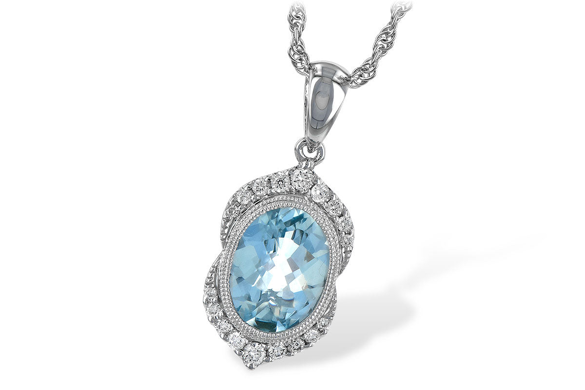 Aquamarine Bezel Pendant with Diamond Halo - White Gold
