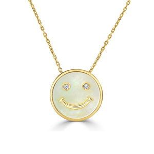 Happy Face Necklace w/ Diamonds and Mother of Pearl - Yellow Gold