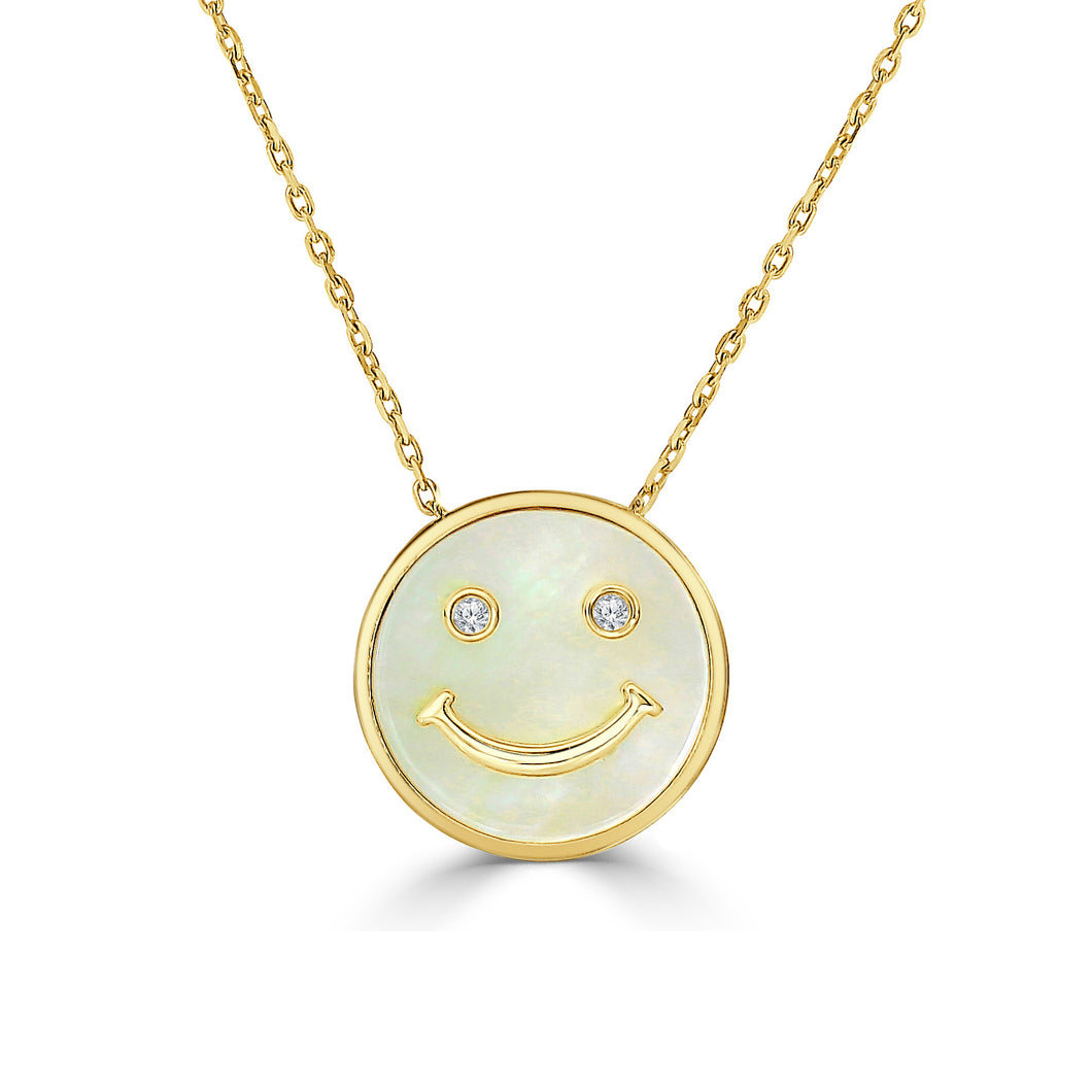 Happy Face Necklace w/ Diamonds and Mother of Pearl - Yellow Gold