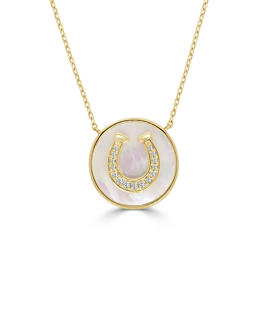 Horse Shoe Necklace w/ Diamonds and Mother of Pearl - Yellow Gold