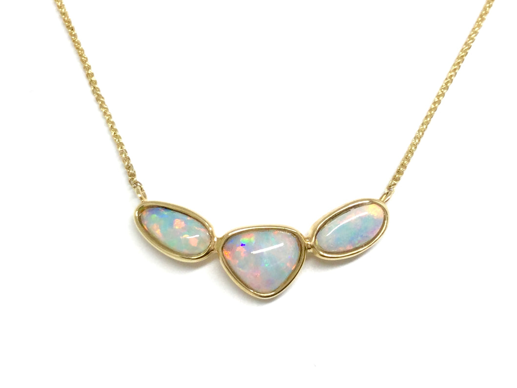 Opal Bezel 3 Stone Necklace - Yellow Gold