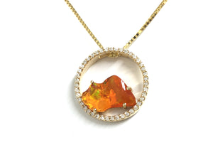 Mexican Fire Opal Pendant w/ Diamond Frame - Yellow Gold