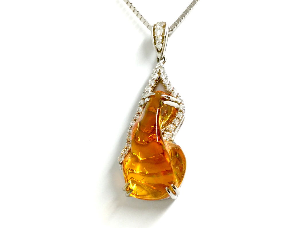 Mexican Fire Opal Pendant w/ Diamonds - White Gold