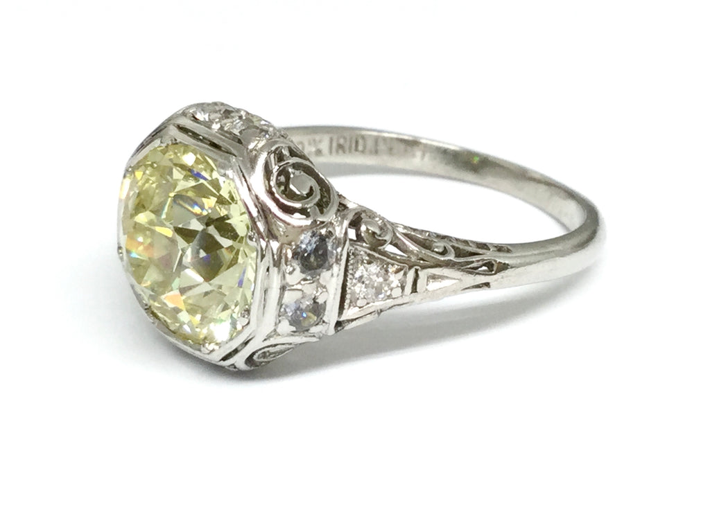 2.58ctw Old Euro Yellow Diamond Deco Ring - Platinum