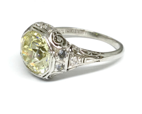 2.58ctw Old Euro Yellow Diamond Deco Ring - Platinum