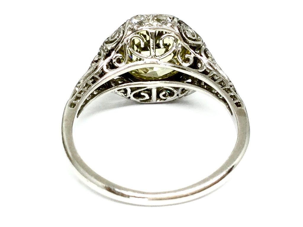2.58ctw Old Euro Yellow Diamond Deco Ring - Platinum