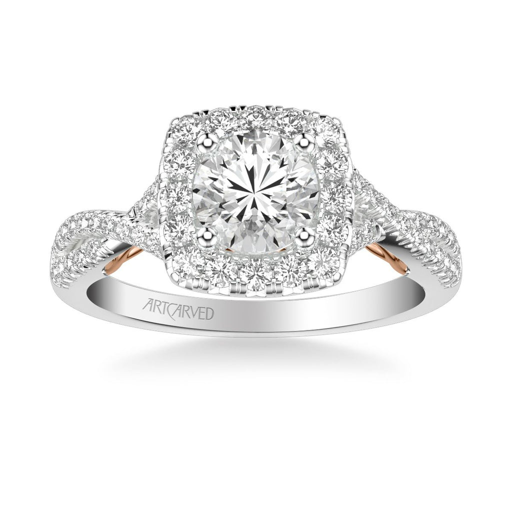 1.28ctw Twist Shank Diamond Halo Ring GIA - Two Tone