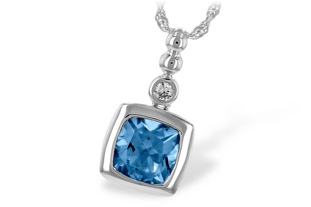 Blue Topaz Bezel Pendant w/ Diamond Accent - White Gold