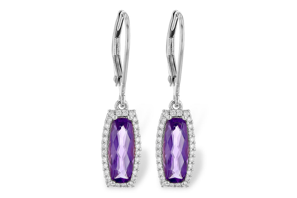 Amethyst Dangle Earrings w/ Diamond Halo - White Gold