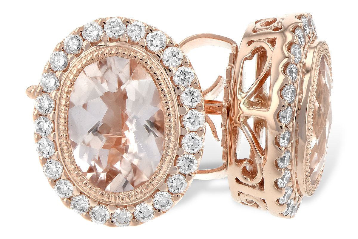 Morganite Bezel Earrings w/ Diamond Halo - Rose Gold