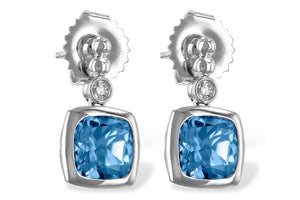 Blue Topaz Bezel Earrings w/ Diamond Accents - White Gold