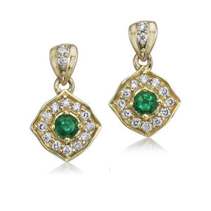 Emerald Dangle Earrings w/ Diamond Halo - Yellow Gold