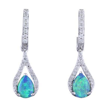 Opal Dangle Earrings w/ Diamonds - White Gold