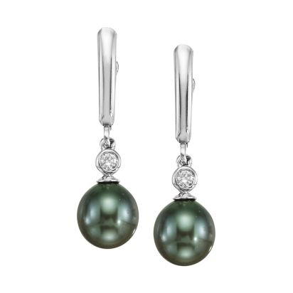 Black Pearl & Diamond Dangle Earrings - White Gold