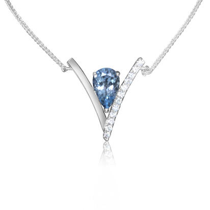 Aquamarine V-Shape Necklace w/ Diamonds - White Gold